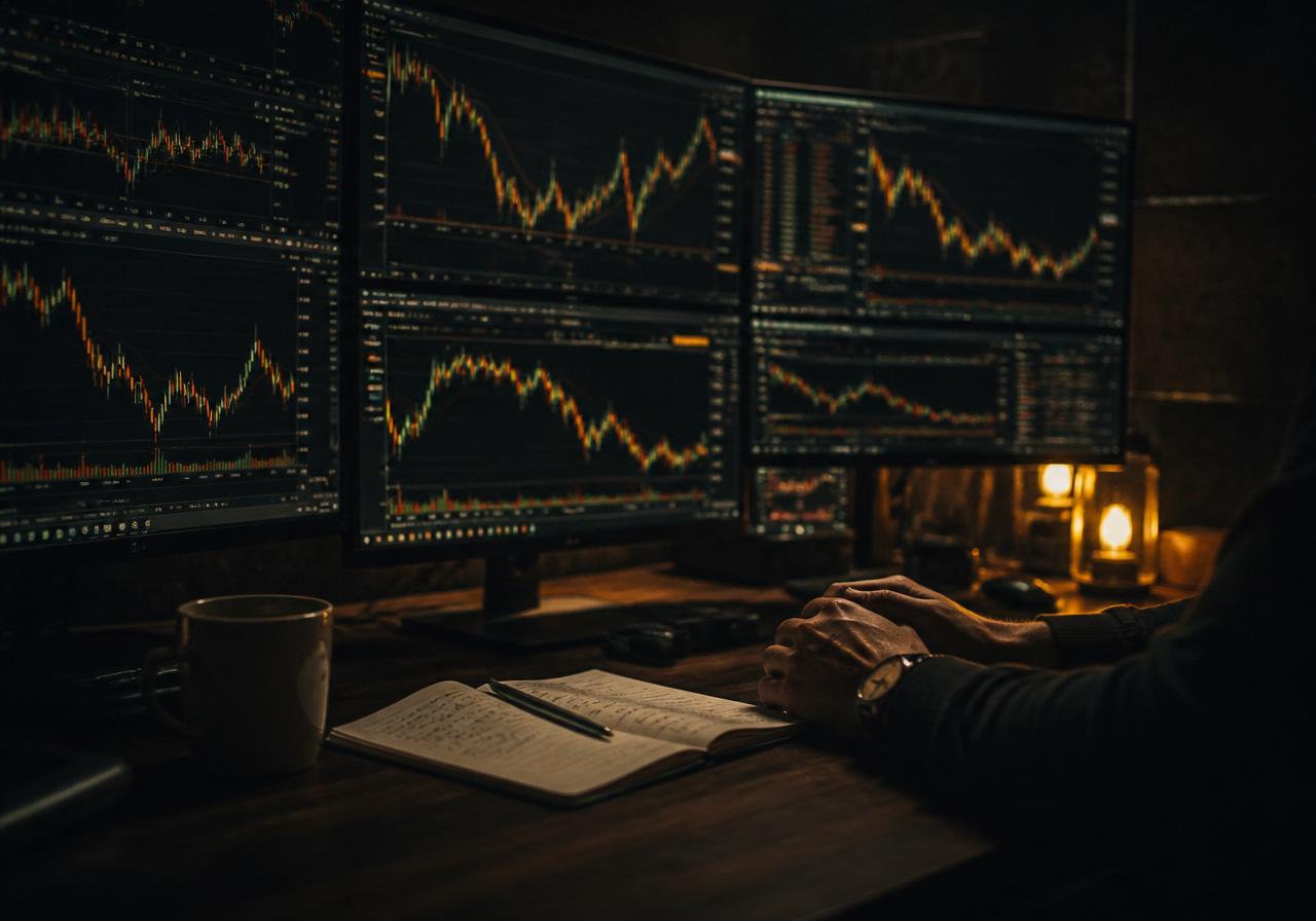 Trading desk at night
